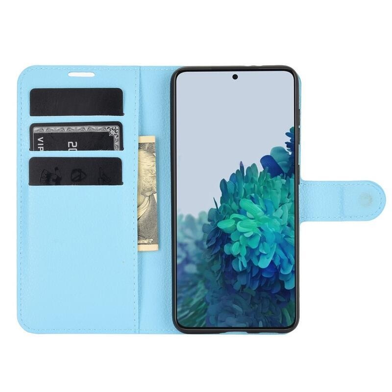 Litchi PU bőr pénztárca tok mobiltelefonhoz Samsung Galaxy S21 - kék