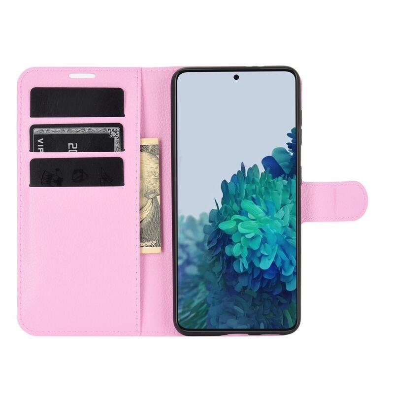 Litchi PU bőr pénztárca tok mobiltelefonhoz Samsung Galaxy S21 - rózsaszín