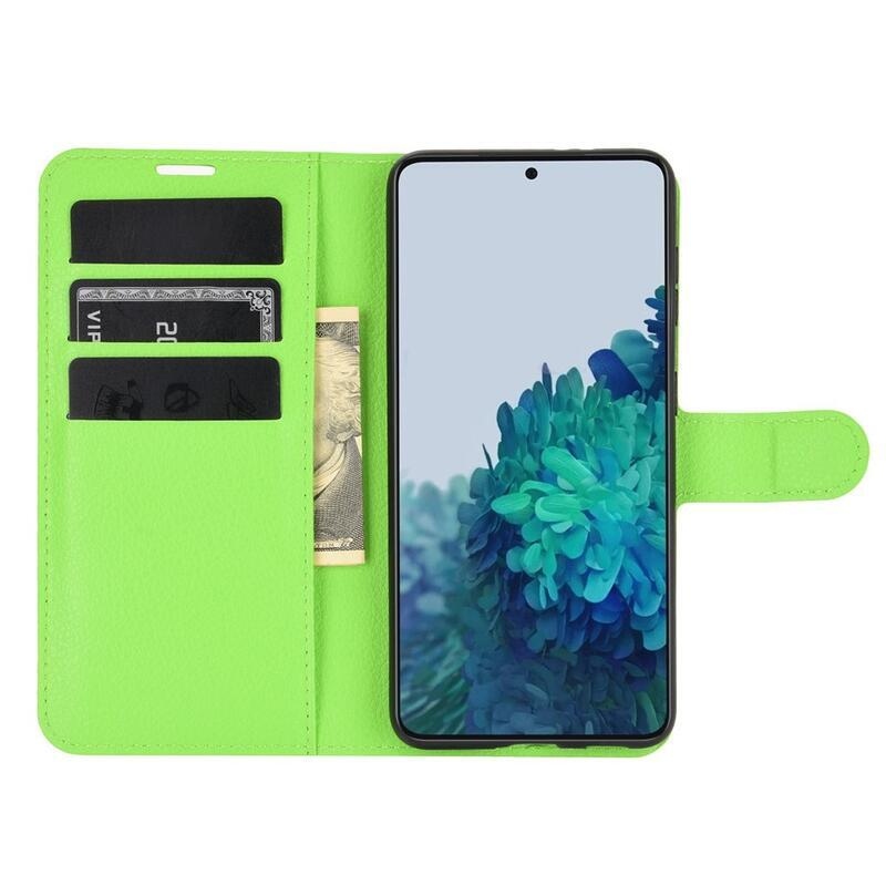 Litchi PU bőr pénztárca tok Samsung Galaxy S21 mobiltelefonhoz - zöld