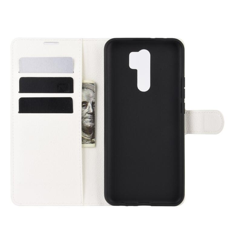 Litchi PU bőr pénztárca tok Xiaomi Redmi 9 mobiltelefonhoz - fehér