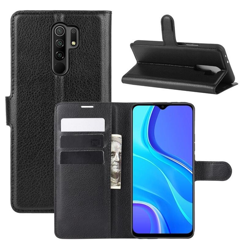 Litchi PU bőr pénztárca tok Xiaomi Redmi 9 mobiltelefonhoz - fekete