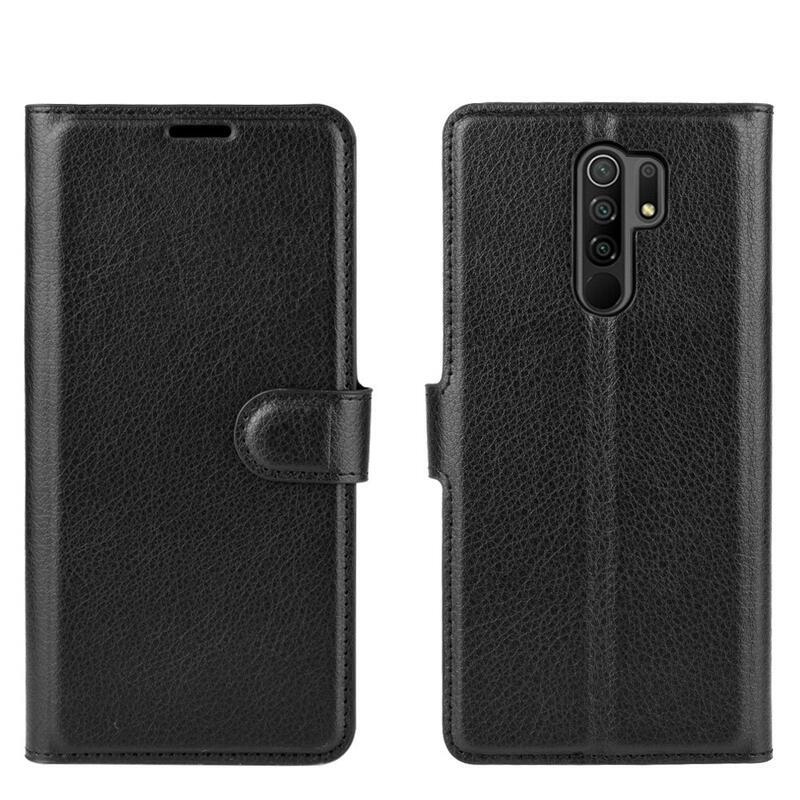 Litchi PU bőr pénztárca tok Xiaomi Redmi 9 mobiltelefonhoz - fekete