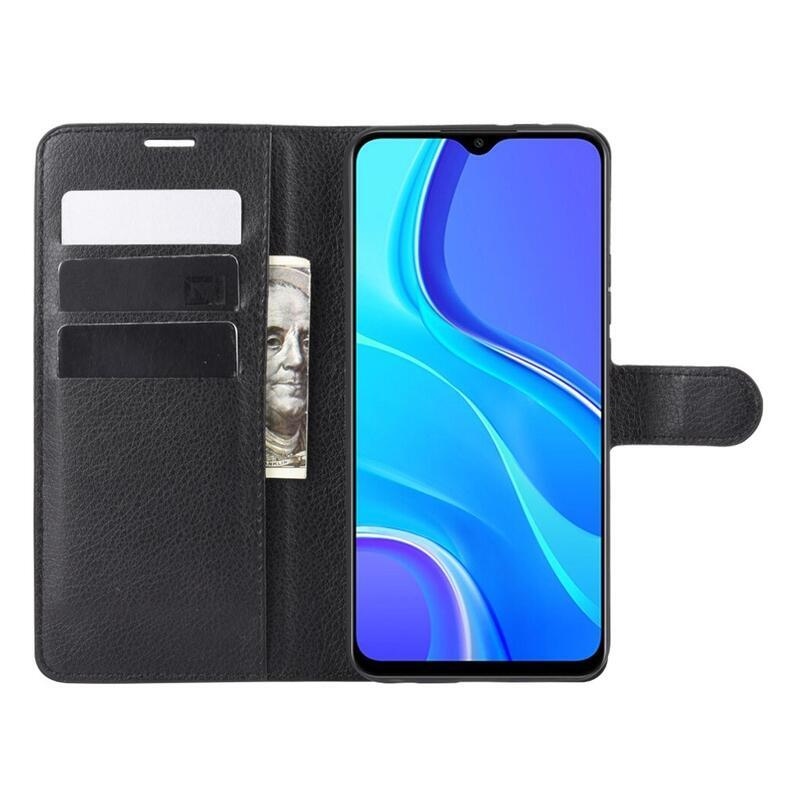 Litchi PU bőr pénztárca tok Xiaomi Redmi 9 mobiltelefonhoz - fekete