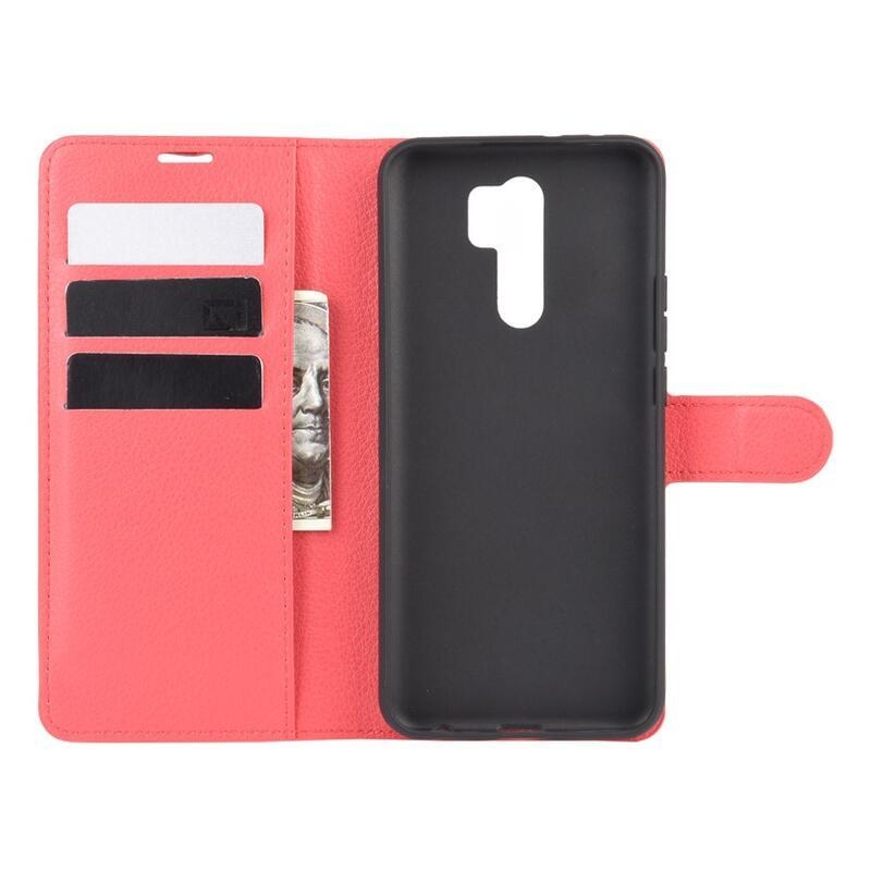 Litchi PU bőr pénztárca tok Xiaomi Redmi 9 mobiltelefonhoz - piros