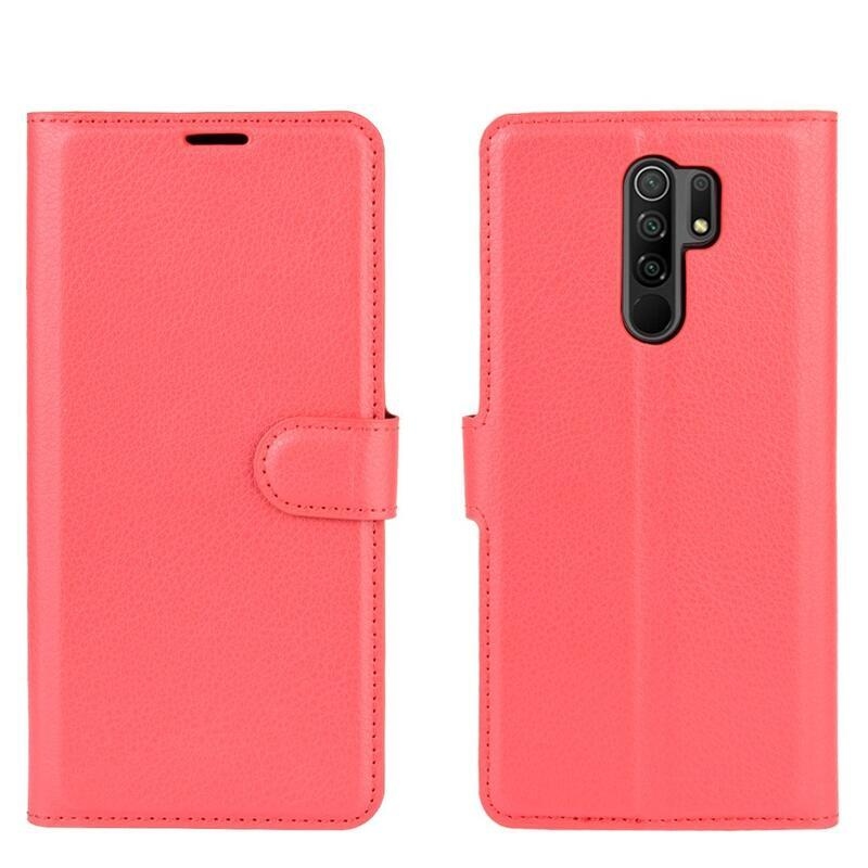 Litchi PU bőr pénztárca tok Xiaomi Redmi 9 mobiltelefonhoz - piros