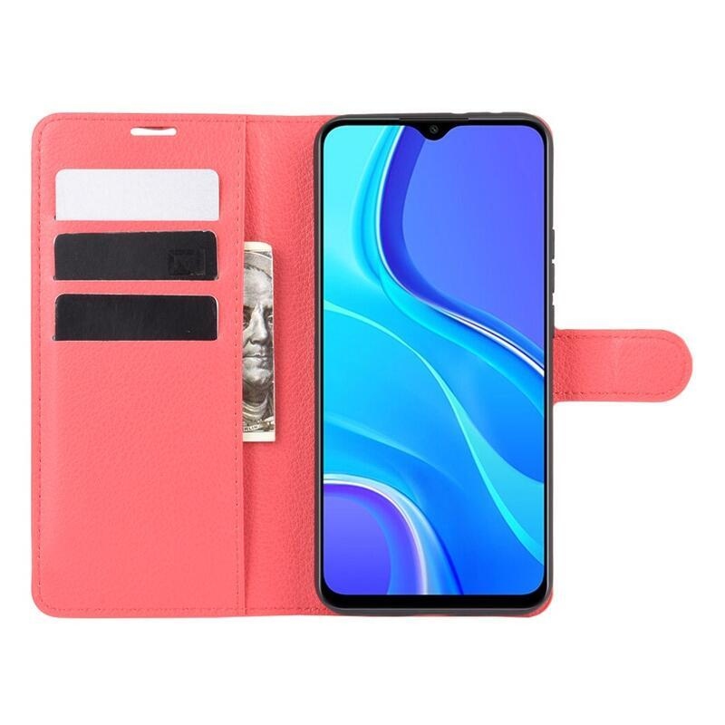 Litchi PU bőr pénztárca tok Xiaomi Redmi 9 mobiltelefonhoz - piros