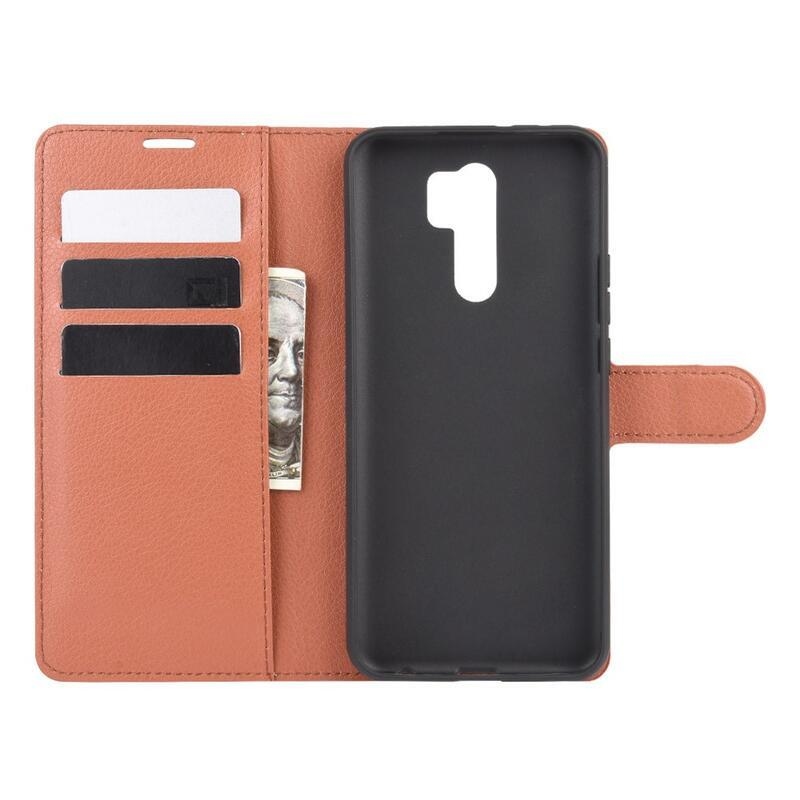 Litchi PU bőr pénztárca tok Xiaomi Redmi 9 mobiltelefonhoz - barna