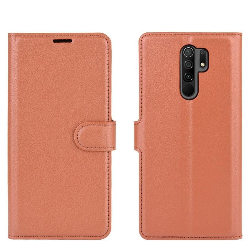 Litchi PU bőr pénztárca tok Xiaomi Redmi 9 mobiltelefonhoz - barna