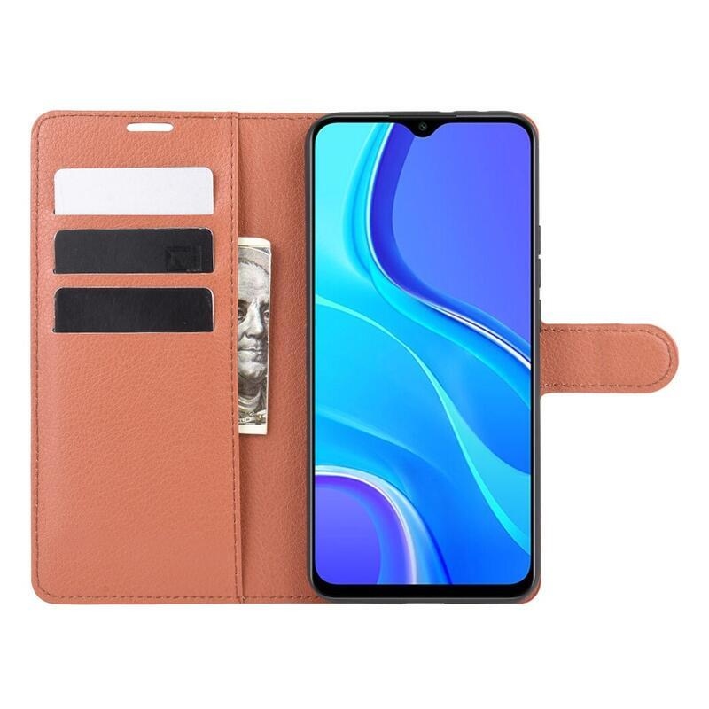 Litchi PU bőr pénztárca tok Xiaomi Redmi 9 mobiltelefonhoz - barna