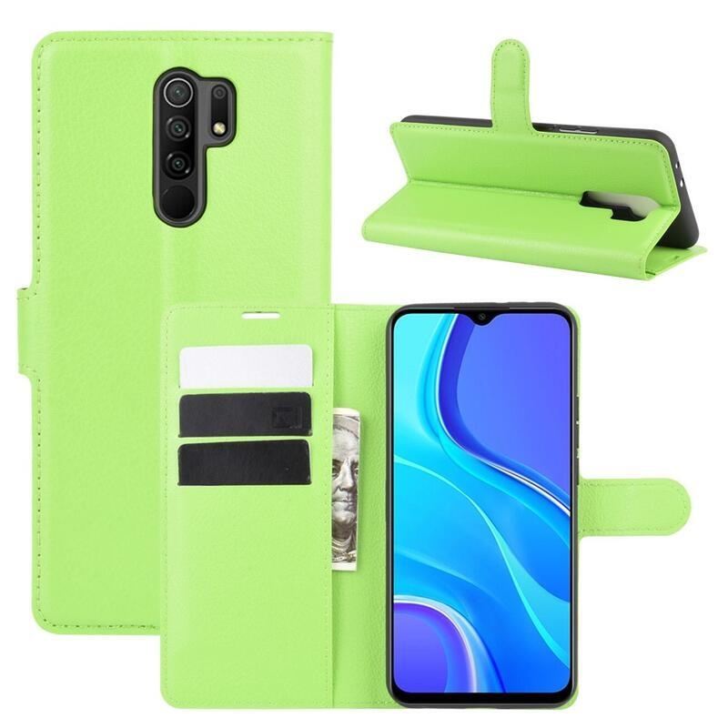 Litchi PU bőr pénztárca tok Xiaomi Redmi 9 mobiltelefonhoz - zöld