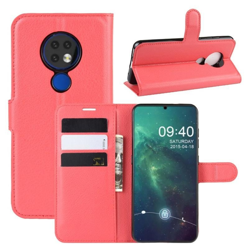 Litchi PU bőr tok Nokia 6.2 / Nokia 7.2 készülékhez - piros színű