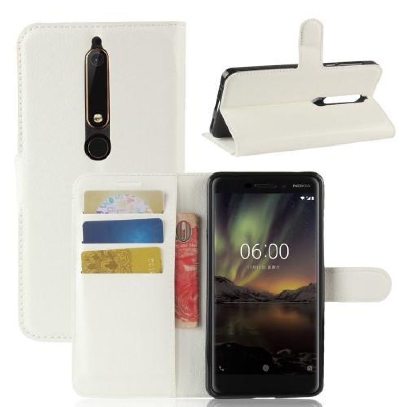 Litchi PU bőr tok Nokia 6.1 készülékhez - fehér