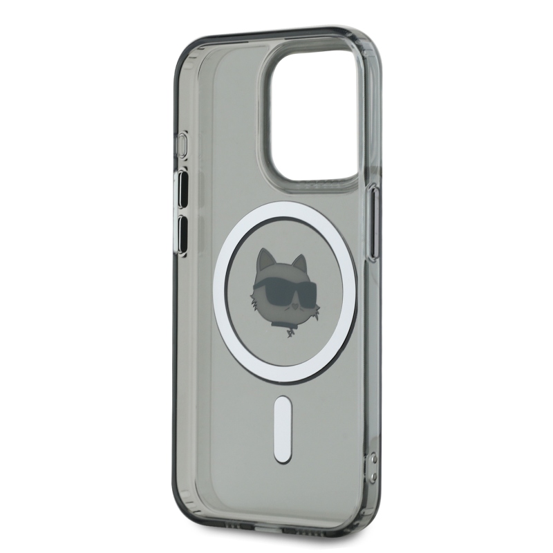 Karl Lagerfeld IML Choupette Head fémkeret MagSafe hátlapi borító iPhone 15 Pro Max-hoz Fekete