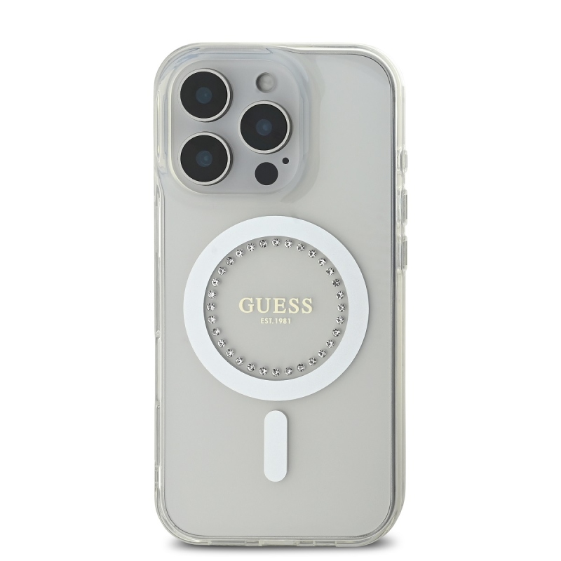 Guess IML strasszos gyűrűs MagSafe hátlap iPhone 16 Pro fehérhez