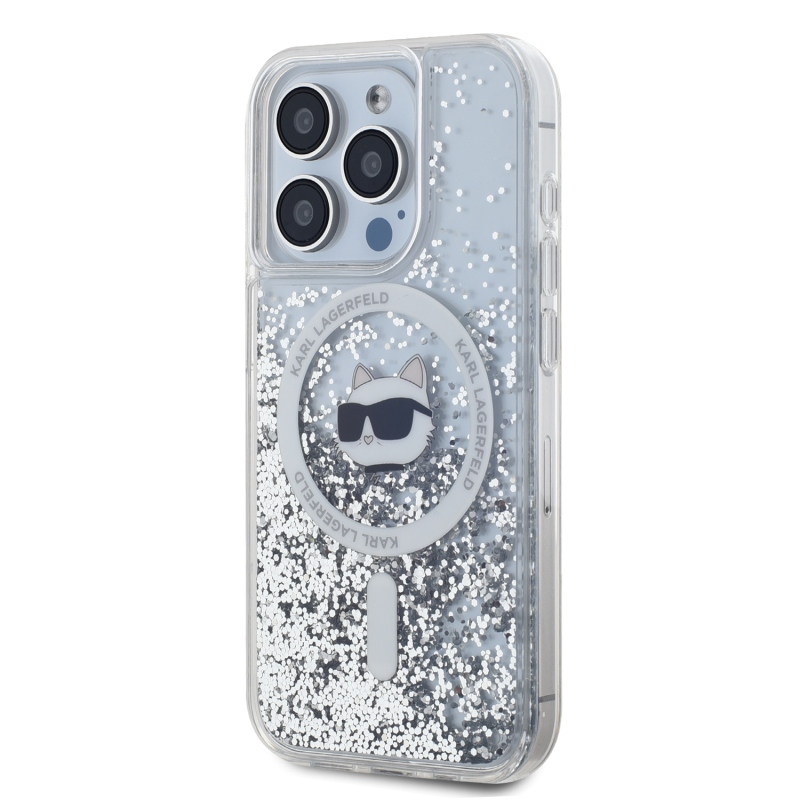 Karl Lagerfeld Liquid Glitter Choupette Head MagSafe hátlap iPhone 15 Pro Max-hoz Átlátszó