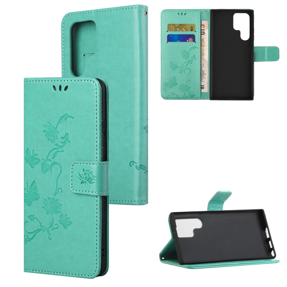 Virágos könyvtáska Samsung Galaxy S24 Ultra készülékhez - teal színű