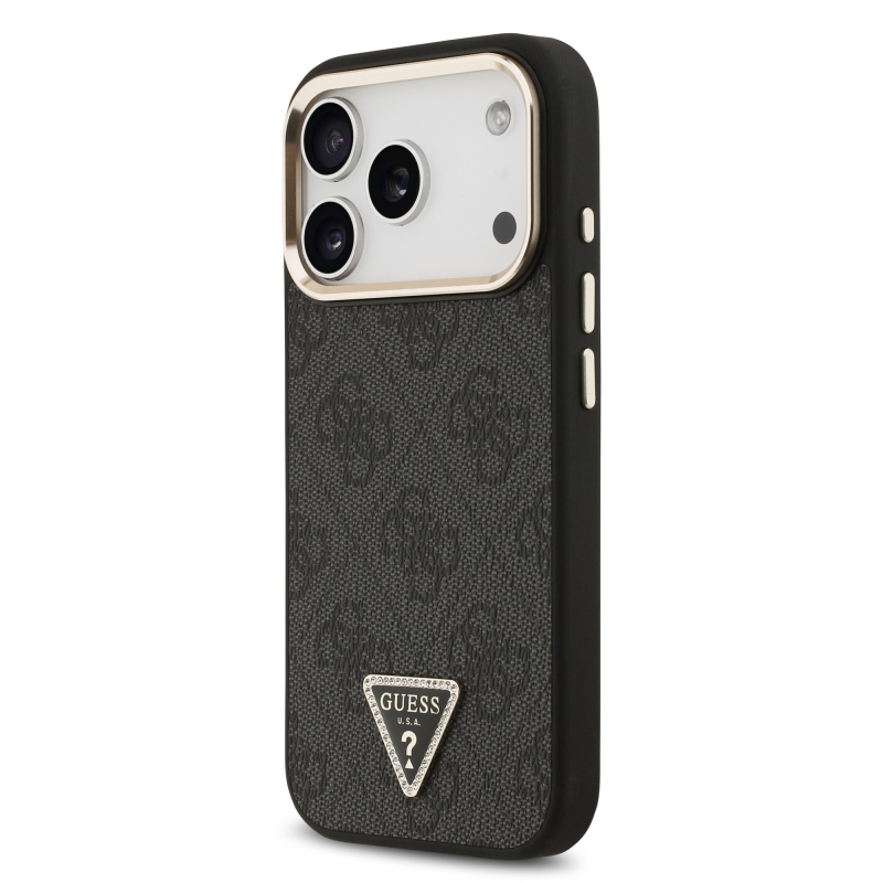 Guess PU bőr 4G Strass háromszög logó arany keret MagSafe hátlap iPhone 17 Pro Fekete fekete