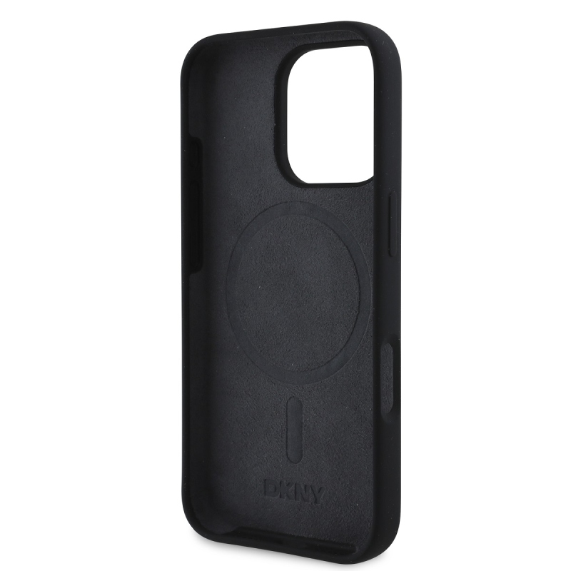 DKNY Liquid Silicone Arch Logo MagSafe hátlapi borító iPhone 16 Pro-hoz Fekete