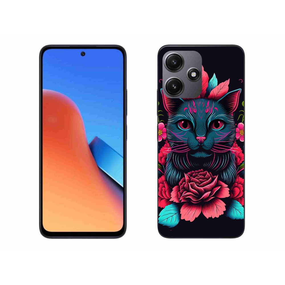 Gél borító mmCase a Xiaomi Redmi 12 5G számára - virágok és macska