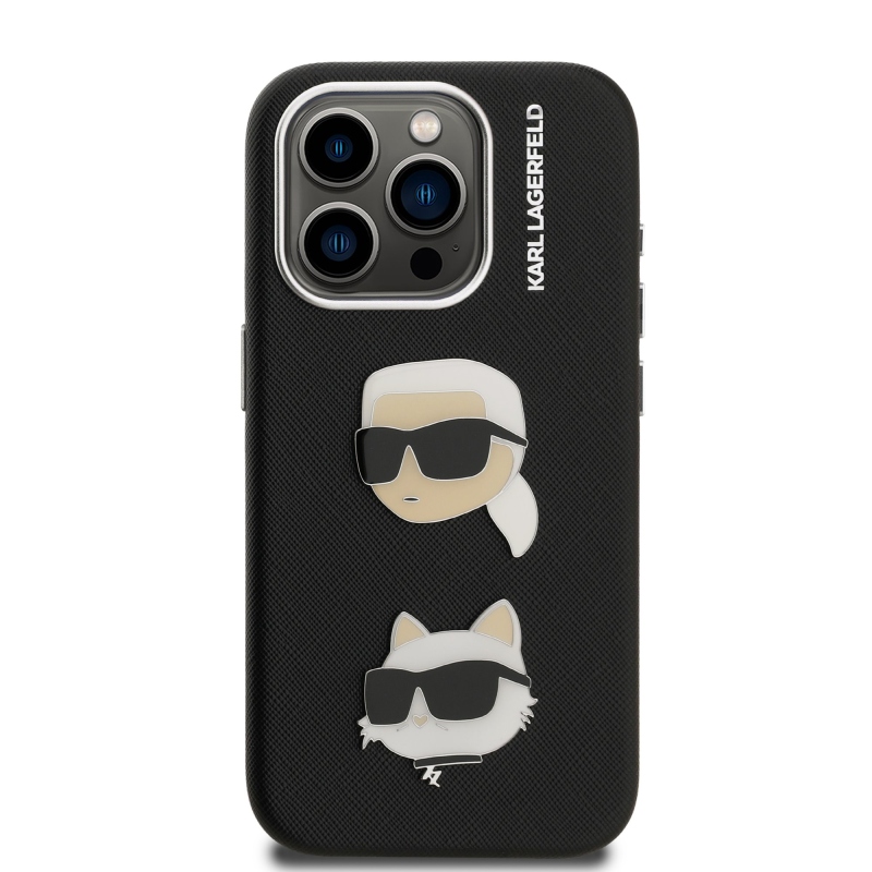 Karl Lagerfeld szemcsés PU K&CH Heads hátlap iPhone 15 Pro Max-hoz Fekete