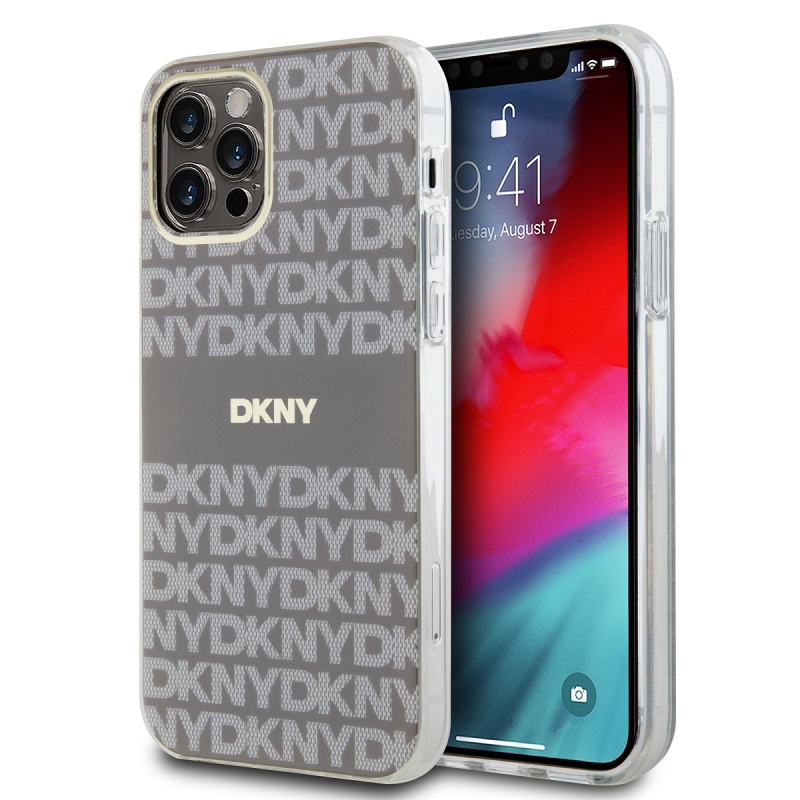 DKNY PC/TPU ismétlődő mintás tonális csíkos Magsafe hátlap iPhone 12/12 Pro bézs színű borítóhoz