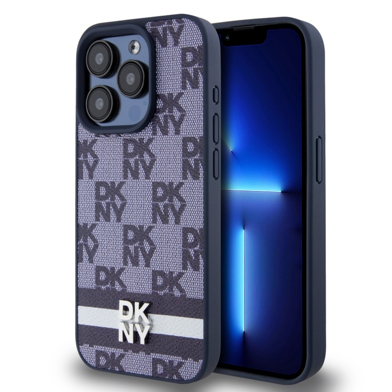 DKNY PU bőr kockás mintás és csíkos hátlapi borító iPhone 15 Pro Max kékhez