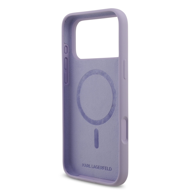 Karl Lagerfeld folyékony szilikon Karl és Choupette MagSafe hátlapi borító iPhone 17 Pro Max lila színhez
