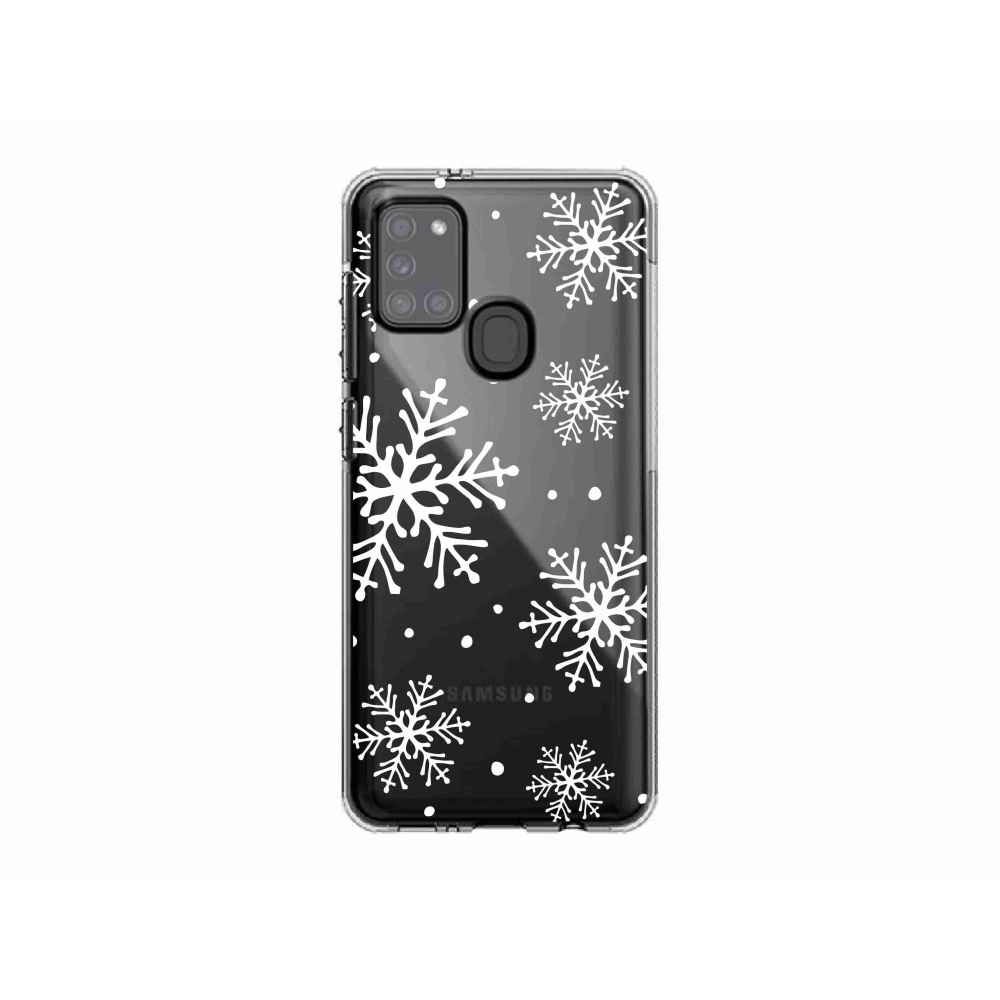 Zselés borítás mmCase Samsung Galaxy A21s készülékhez - fehér pelyhek átlátszó háttéren