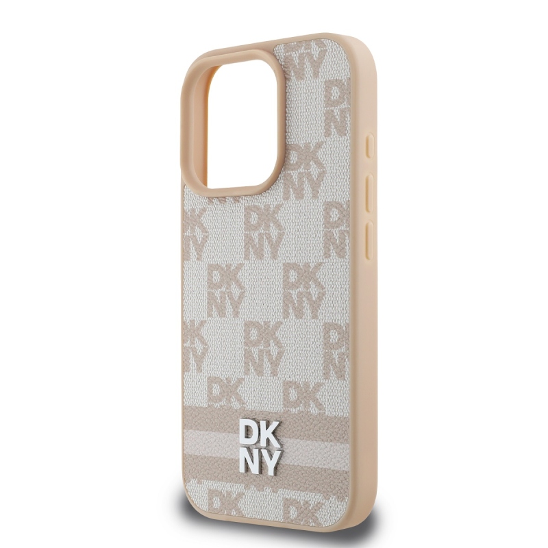 DKNY PU bőr kockás mintás és csíkos hátlapi borító iPhone 16 Pro Max rózsaszínhez