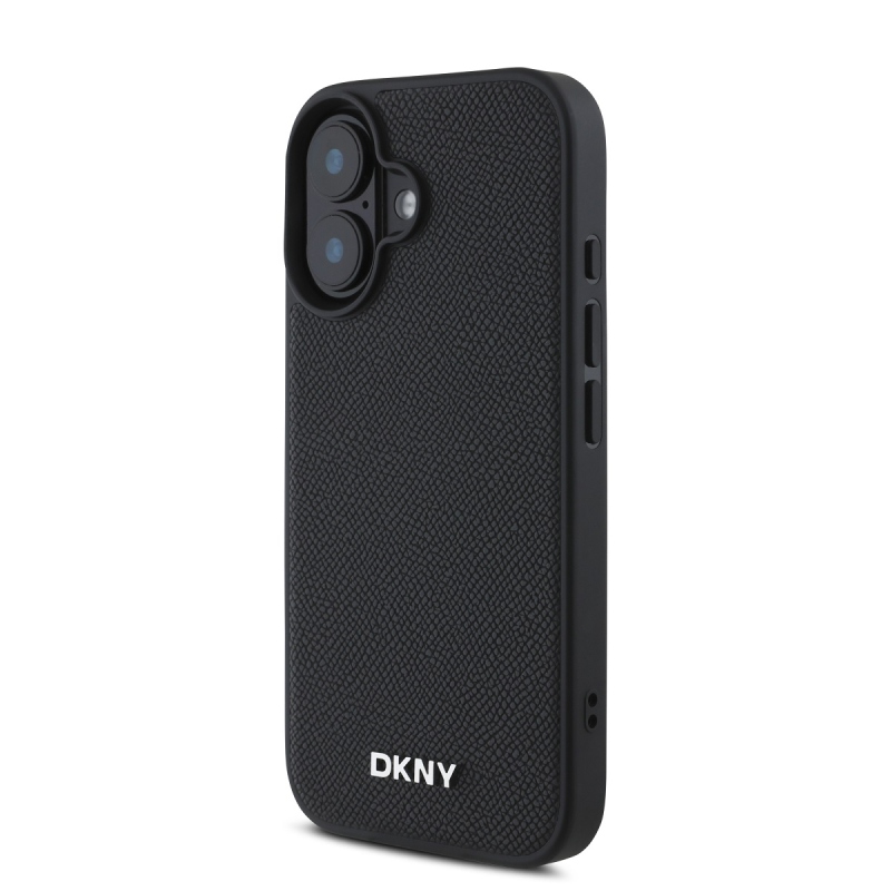 DKNY PU bőr ezüst fém logó Magsafe hátlap iPhone 16-hoz Fekete