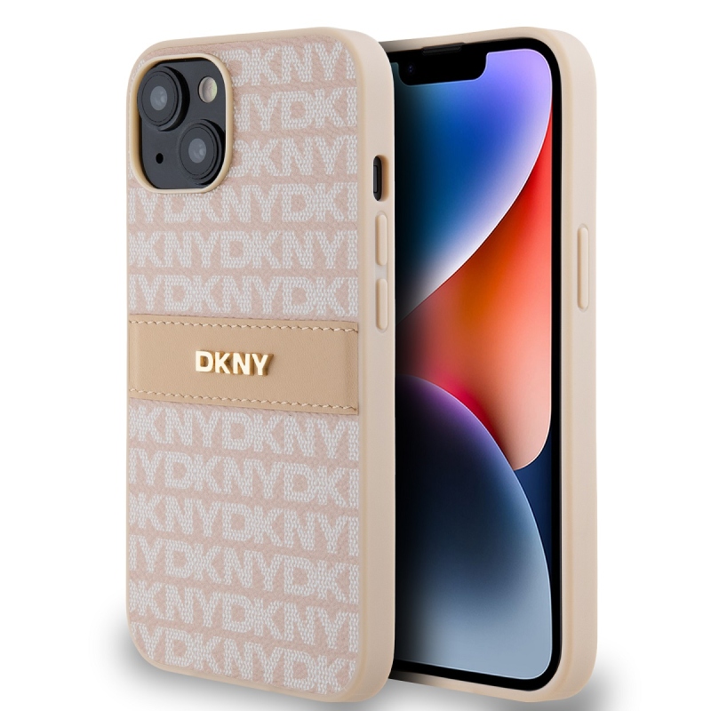 DKNY PU bőr ismétlődő mintás tonális csíkos hátlap iPhone 14 rózsaszínű iPhone 14-re