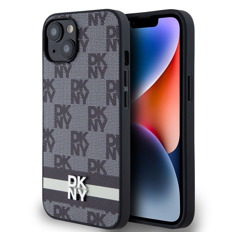 DKNY PU bőr kockás mintás és csíkos hátlapi borító iPhone 13-hoz Fekete