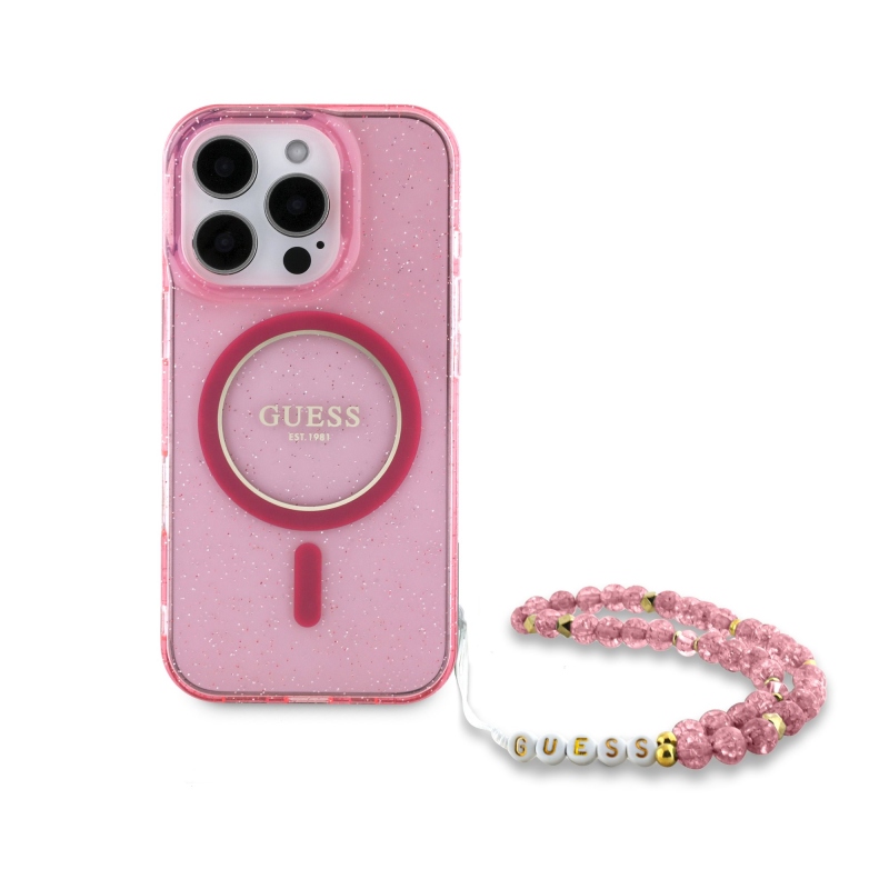 Guess IML csillogó pántos MagSafe hátlap iPhone 16 Pro rózsaszínű iPhone 16 Pro készülékhez