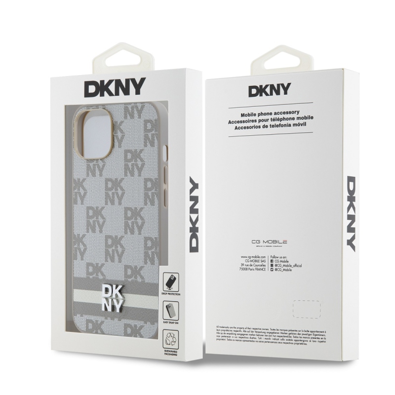 DKNY PU bőr kockás mintás és csíkos hátlapi borító iPhone 14 bézs színűre