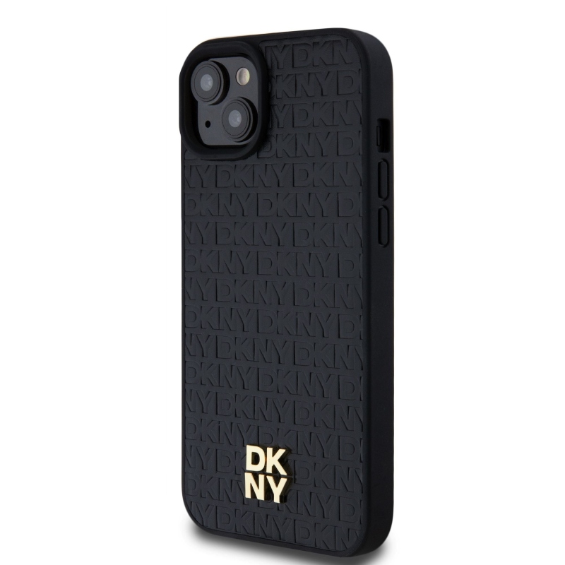 DKNY PU bőr Ismétlődő mintás Stack Logo Magsafe hátlap iPhone 15 Plus-hoz Fekete