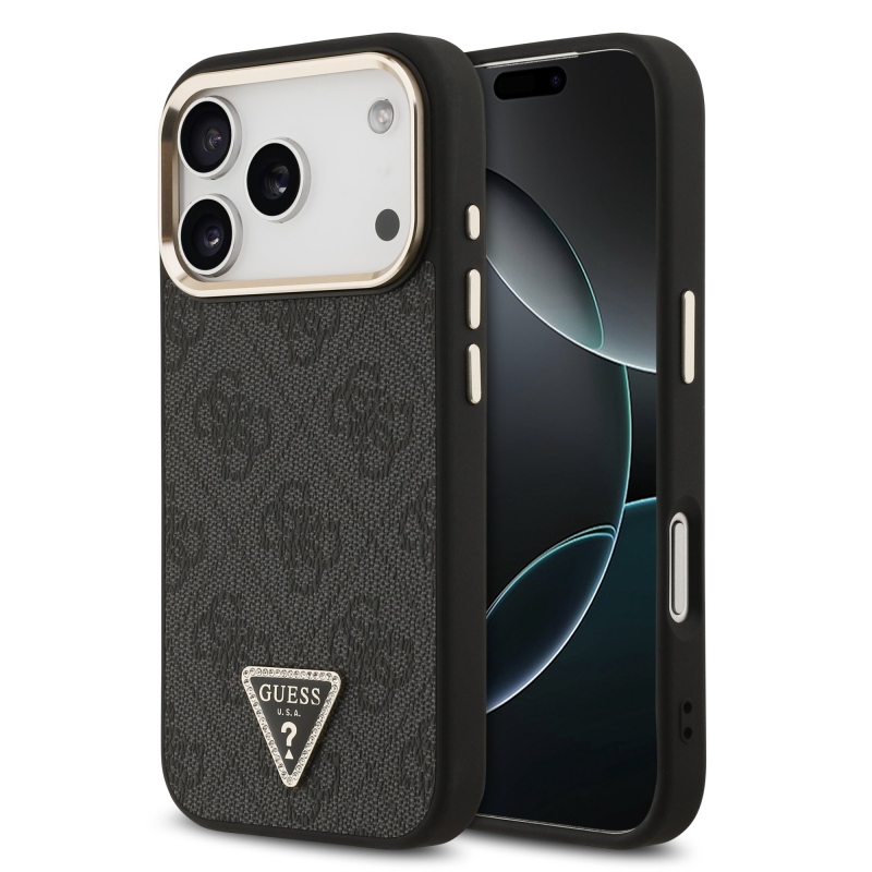 Guess PU bőr 4G Strass háromszög logó arany keret MagSafe hátlap iPhone 17 Pro Fekete fekete