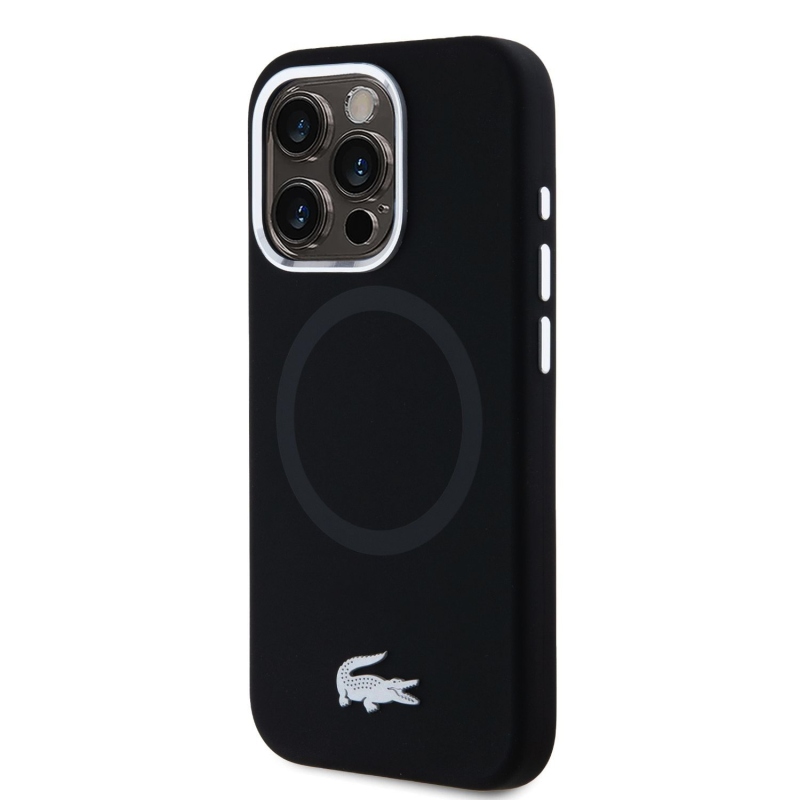 Lacoste Liquid Silicone Microfiber Silver Croc Logo MagSafe hátlap iPhone 15 Pro Fekete