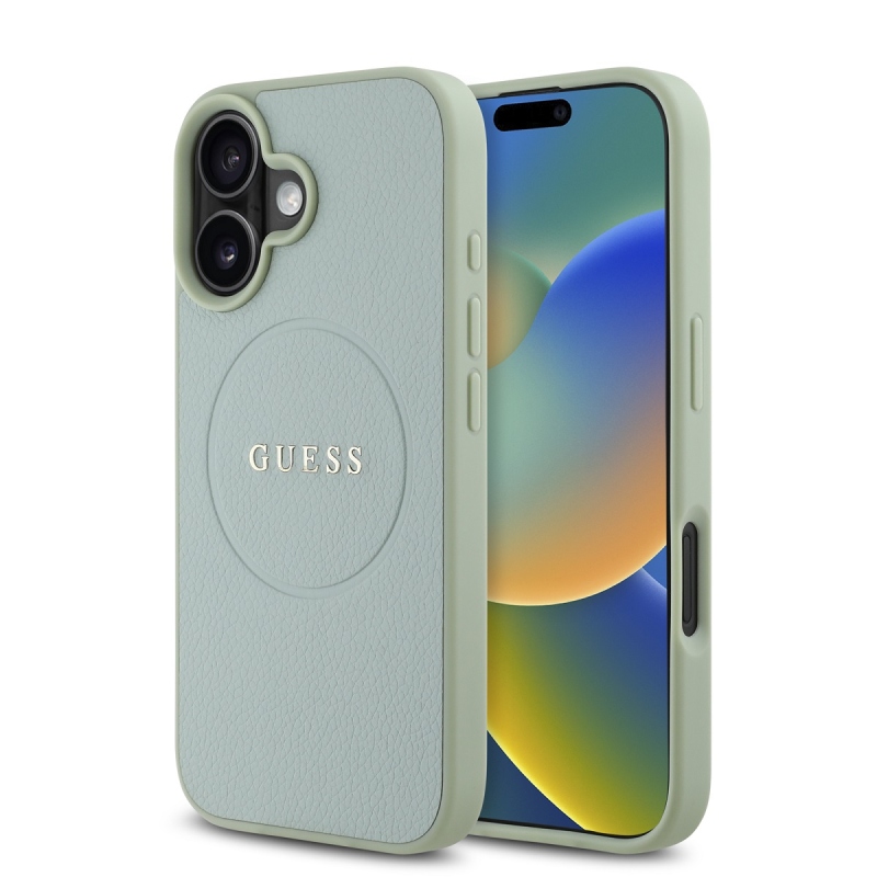 Guess PU szemcsés klasszikus logóval ellátott MagSafe hátlap iPhone 16-hoz Zöld
