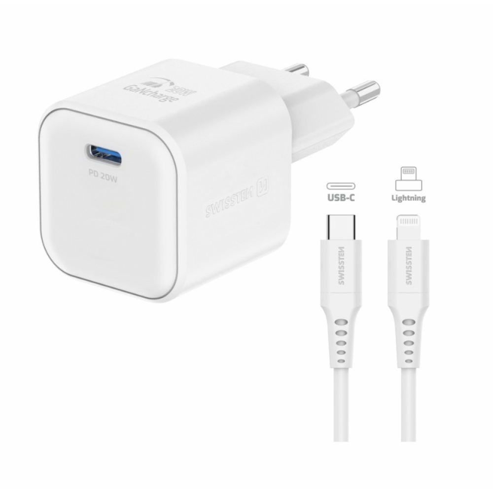 Swissten GaN 1x USB-C 20W Power Delivery + USB-C/Lightning 1.2m kábel - fehér