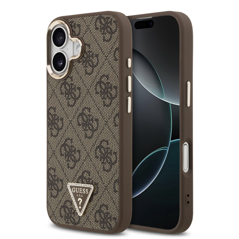 Guess PU bőr 4G háromszög logó arany keret MagSafe hátlapi borító iPhone 17 barna 17 barna