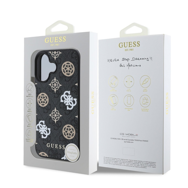 Guess PU 4G Peony MagSafe hátlap iPhone 16-hoz Fekete