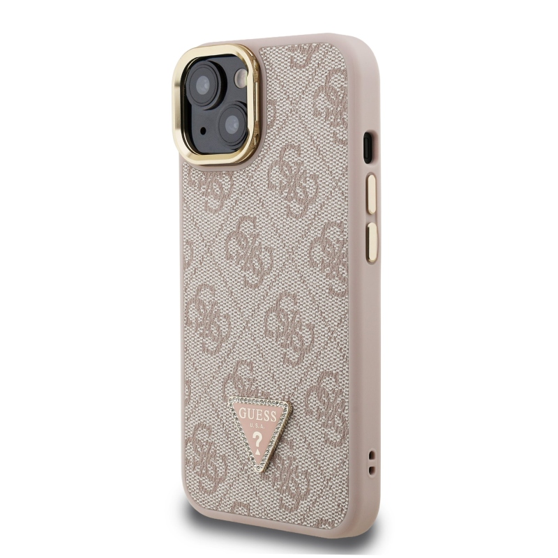Guess PU 4G Strass háromszög logó állvány kamerakeret MagSafe hátlapi borító iPhone 13 rózsaszínhez