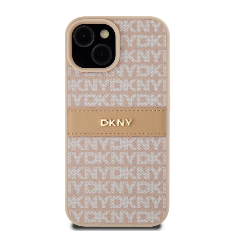 DKNY PU bőr ismétlődő mintás tonális csíkos hátlap iPhone 15 rózsaszínhez