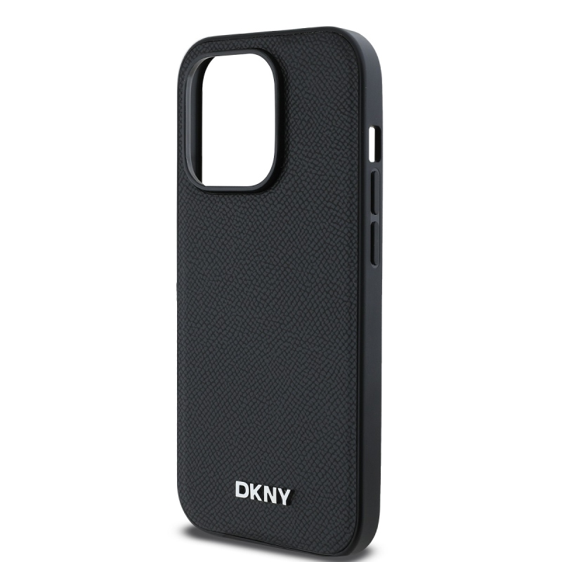 DKNY PU bőr ezüst fém logó Magsafe hátlap iPhone 14 Pro Fekete