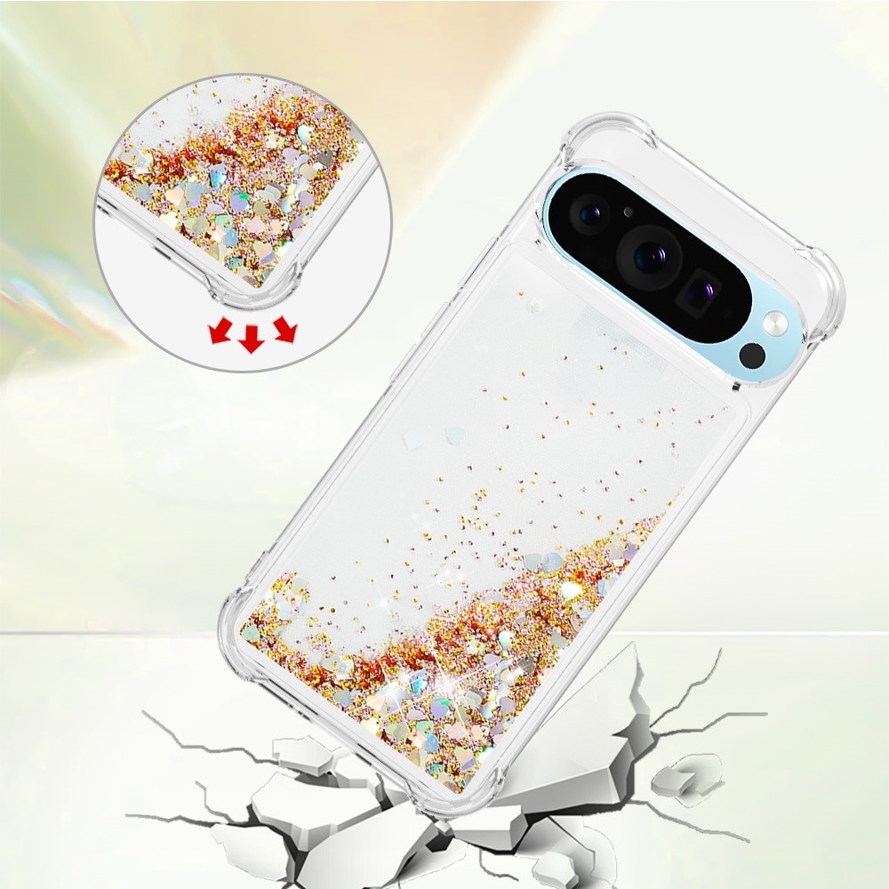 Csillogó homokóra zselés tok Google Pixel 10 Pro/Pixel 10 - arany/szív