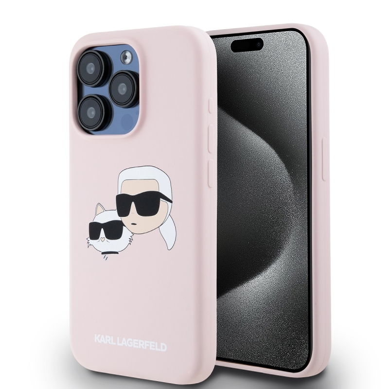 Karl Lagerfeld folyékony szilikon duplafejű Magsafe hátlap iPhone 15 Pro Max rózsaszínű készülékhez