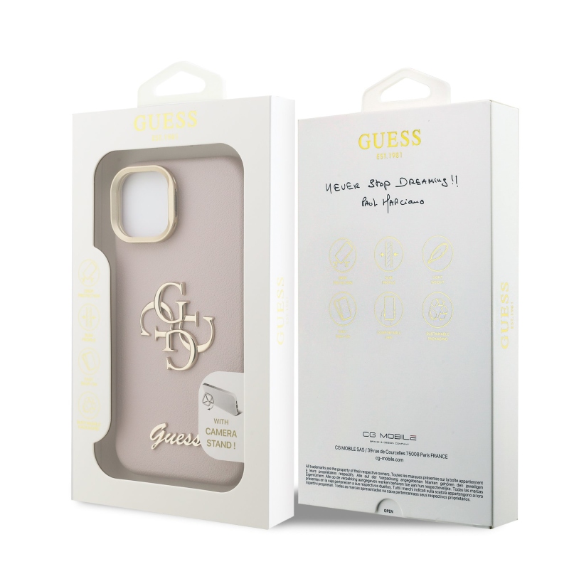 Guess PU szemcsés 4G Logo Stand Kamera keret hátlapi borító iPhone 14 rózsaszínhez