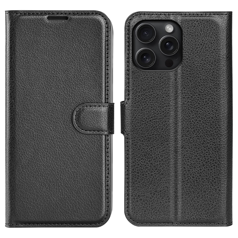 Litchi könyv tok iPhone 16 Pro Max készülékhez - fekete