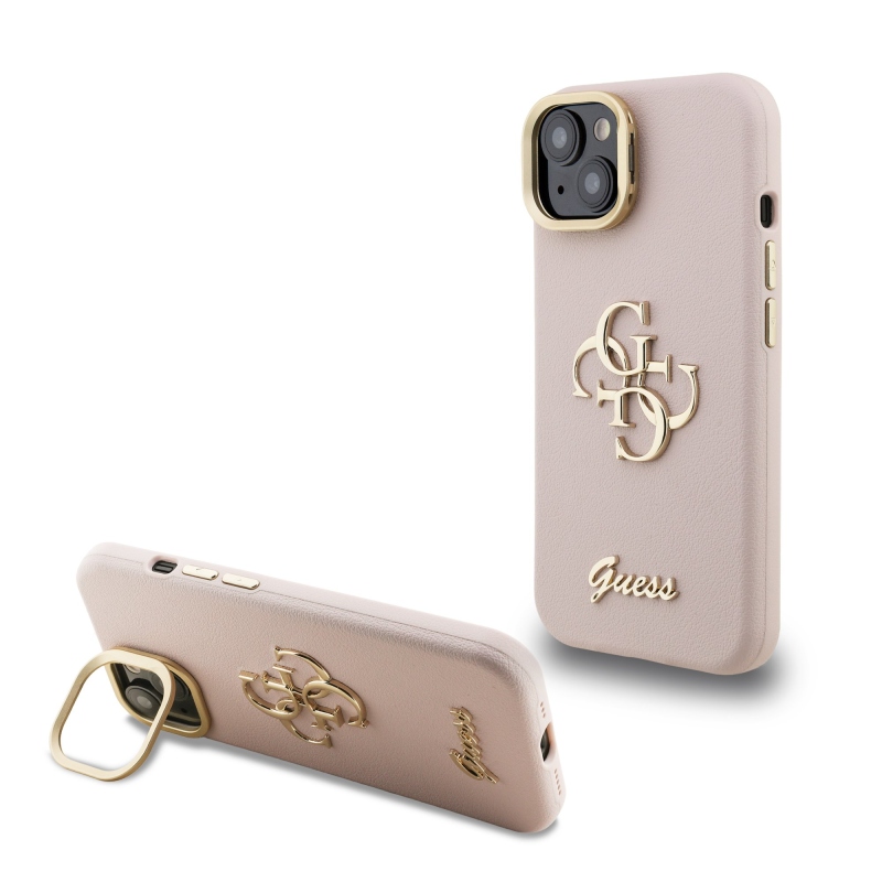Guess PU szemcsés 4G Logo Stand Kamera keret hátlapi borító iPhone 15 rózsaszínhez