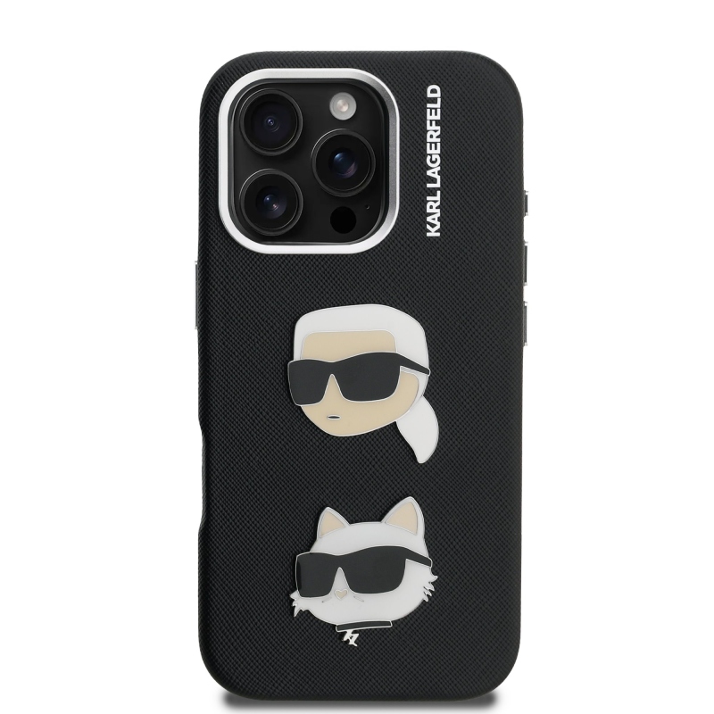 Karl Lagerfeld szemcsés PU K&CH Heads hátlap iPhone 16 Pro Max-hoz Fekete